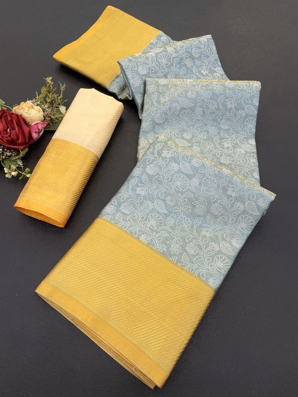 Elegant Floral Weave Saree with Rich Zari Border