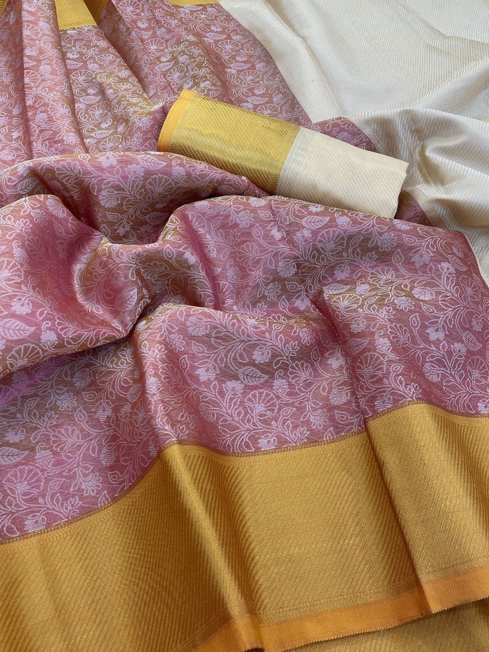 Elegant Floral Weave Saree with Rich Zari Border