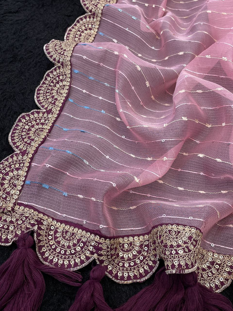Designer Saree with Embellished Lace Border and Tassels