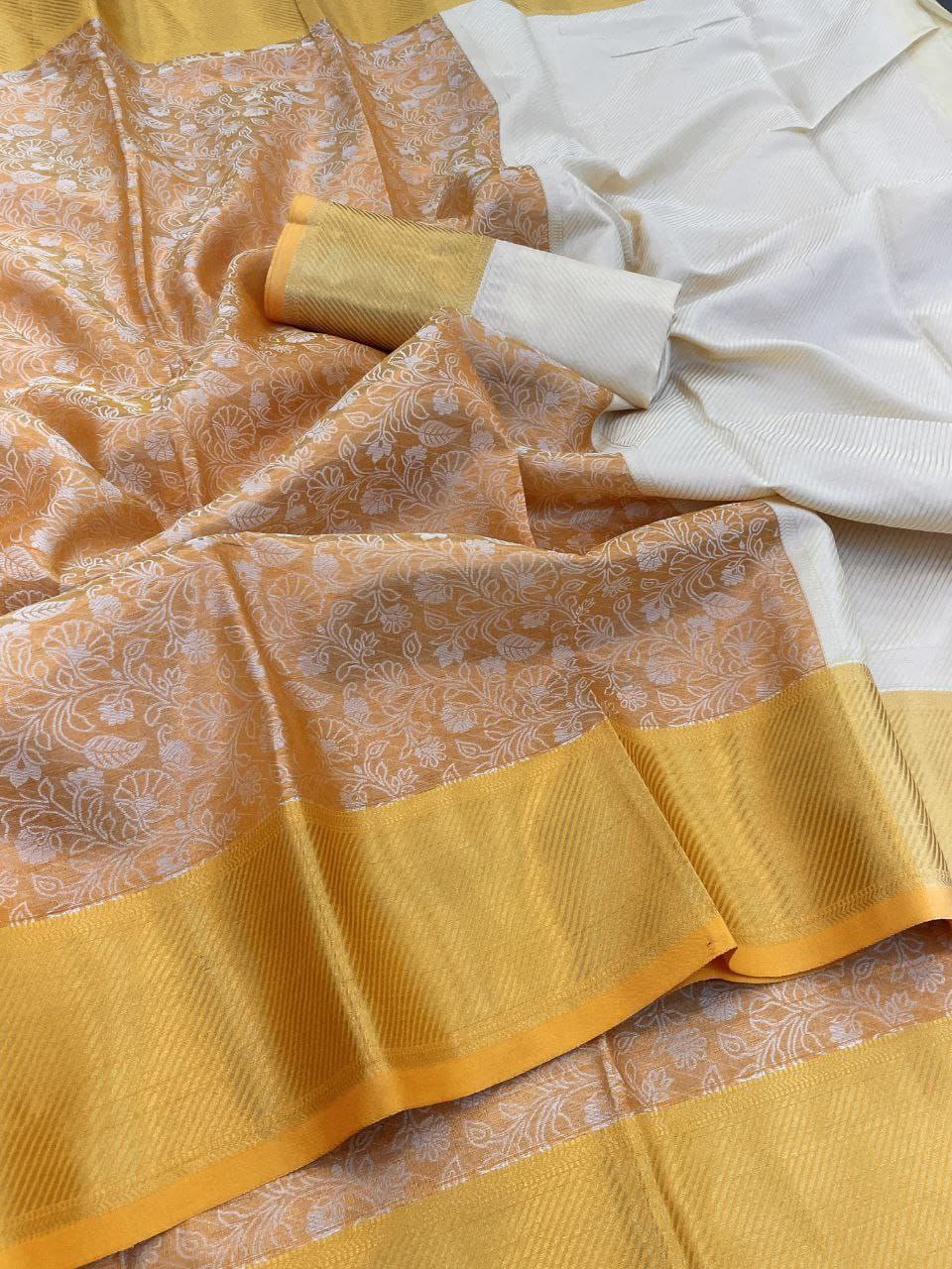 Elegant Floral Weave Saree with Rich Zari Border