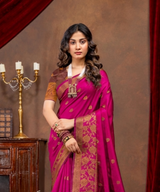 Elegant Emerald Banarasi Silk Saree with Ornate Copper Zari Work
