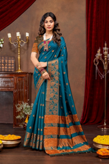 Elegant Emerald Banarasi Silk Saree with Ornate Copper Zari Work