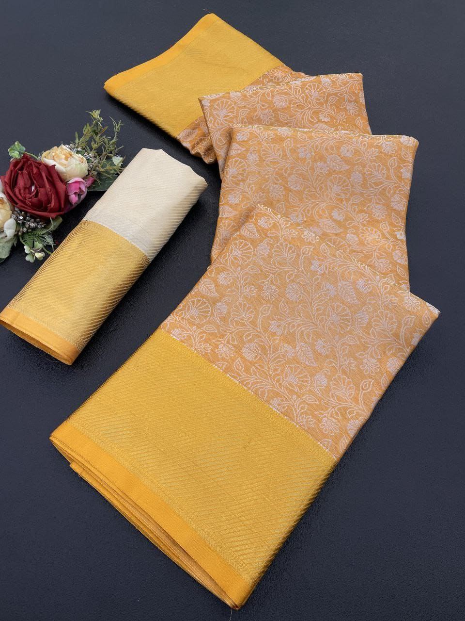 Elegant Floral Weave Saree with Rich Zari Border