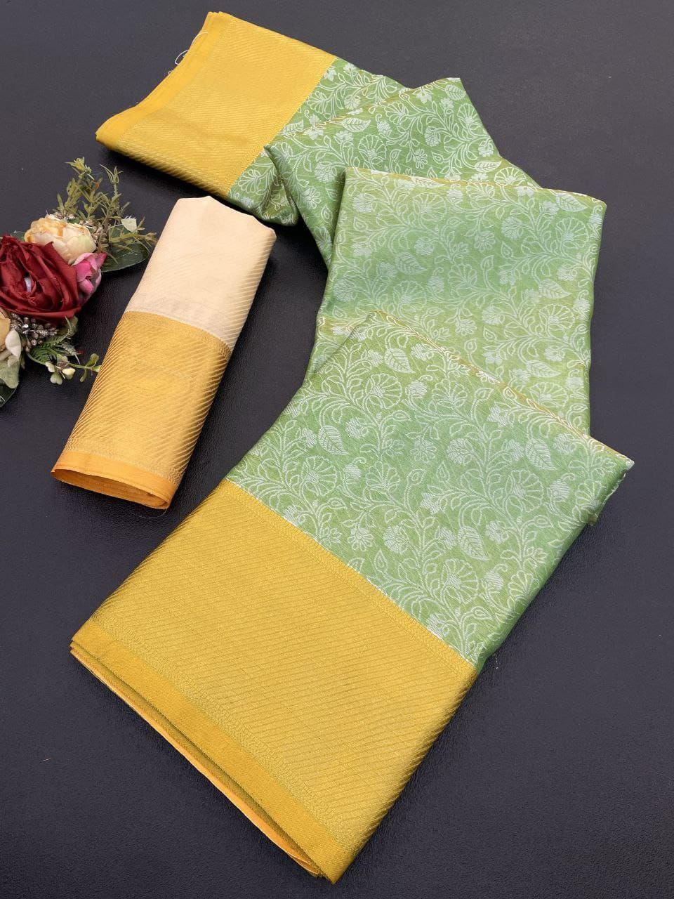 Elegant Floral Weave Saree with Rich Zari Border