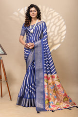 Elegant Royal Blue Diagonal Striped Art Silk Saree with Floral Pallu