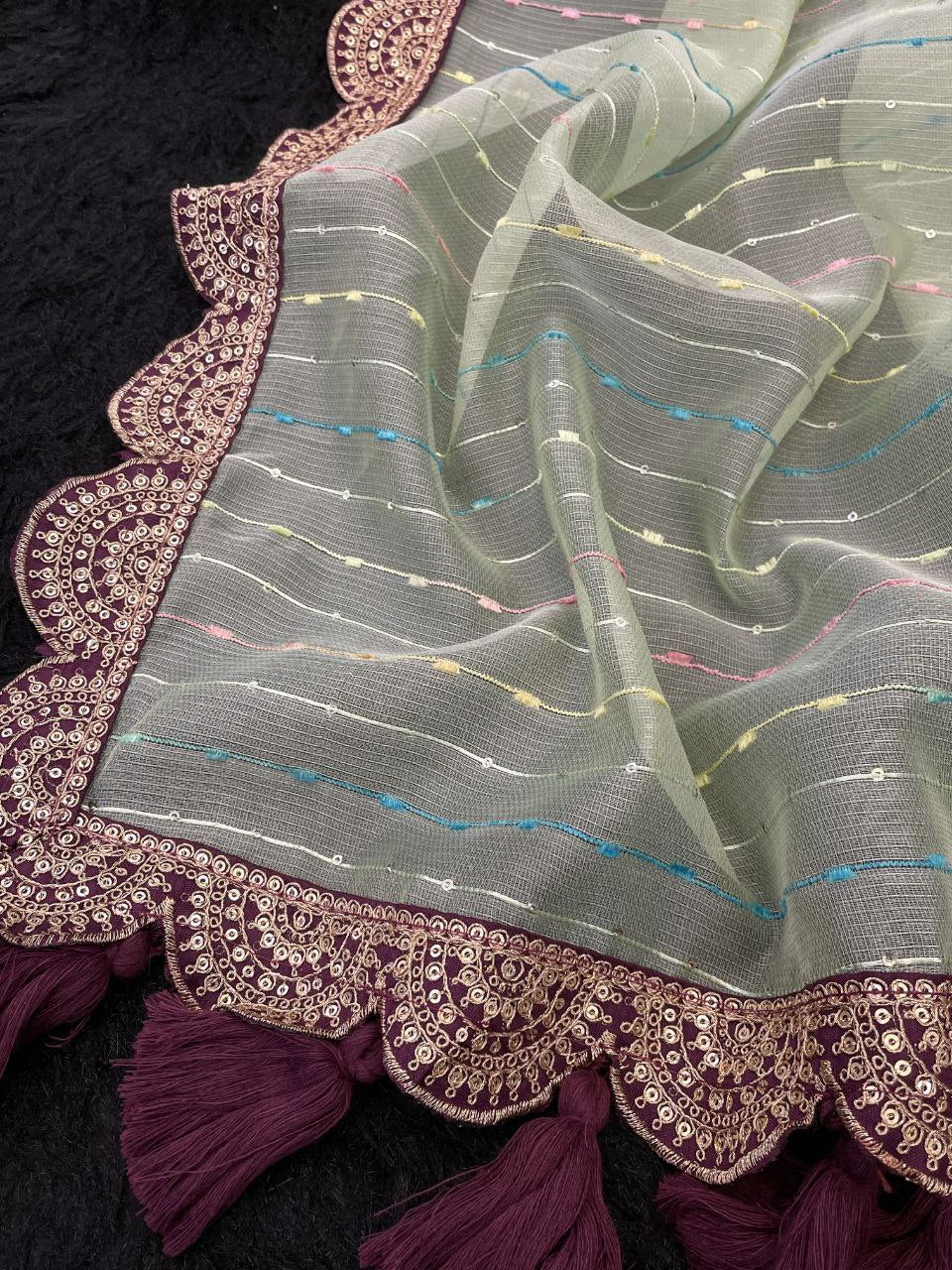 Designer Saree with Embellished Lace Border and Tassels