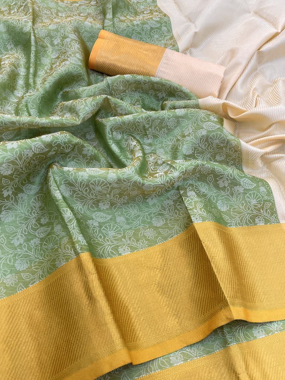 Elegant Floral Weave Saree with Rich Zari Border