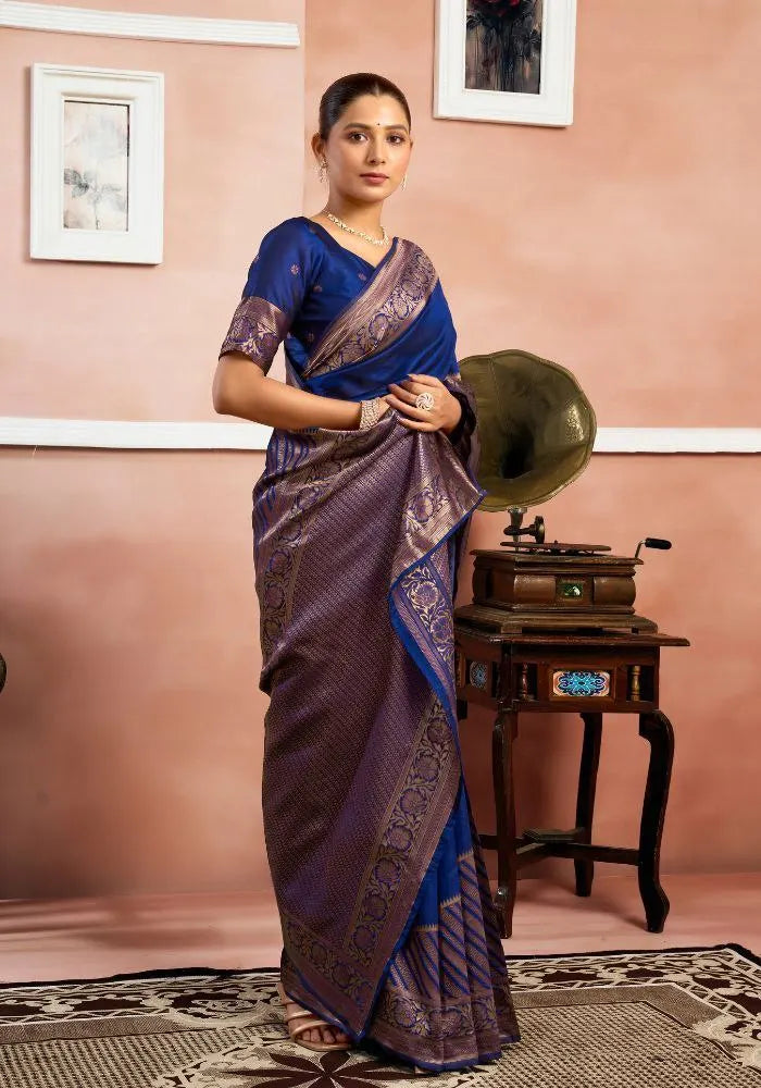 Elegant Royal Blue Banarasi Silk Saree with Golden Zari Border – Traditional Indian Ethnic Wear for Women