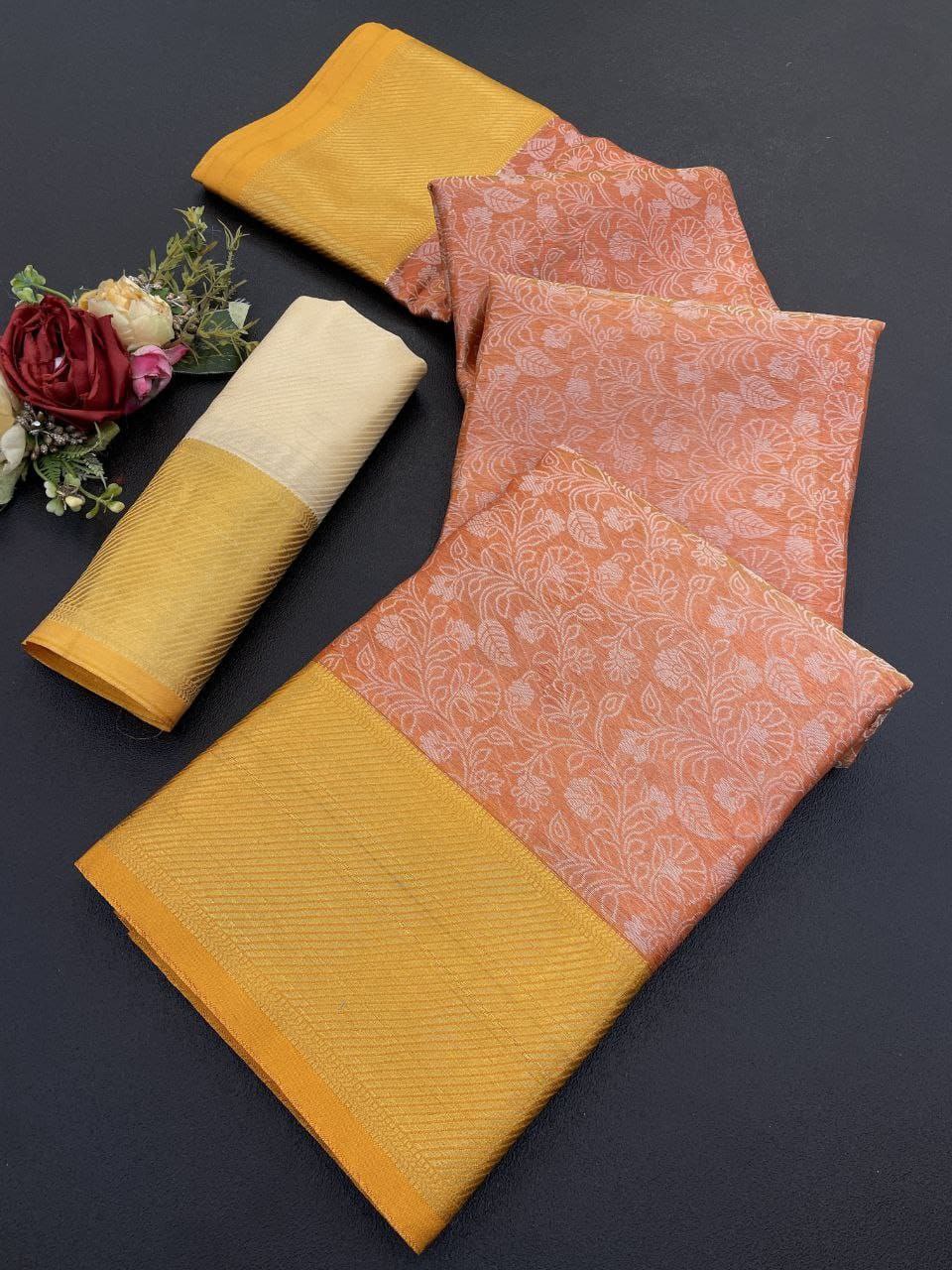 Elegant Floral Weave Saree with Rich Zari Border