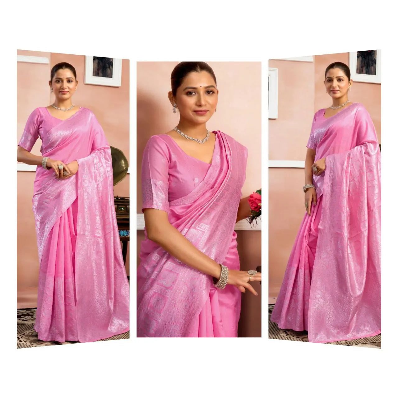 Elegant Pink Silk Saree with Subtle Self-Design – Perfect for Festive & Traditional Wear