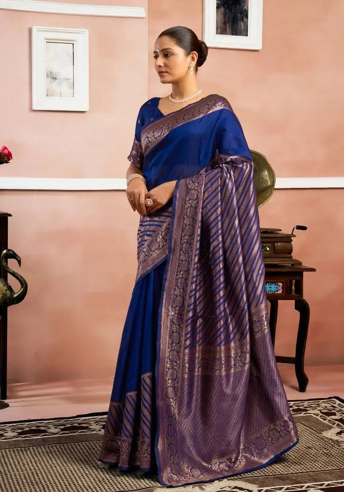 Elegant Royal Blue Banarasi Silk Saree with Golden Zari Border – Traditional Indian Ethnic Wear for Women