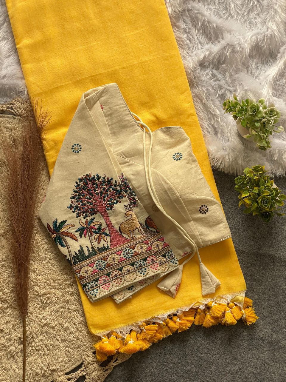 Elegant Cotton Saree Set with Ready Blouse With Bird and Floral Embroidery