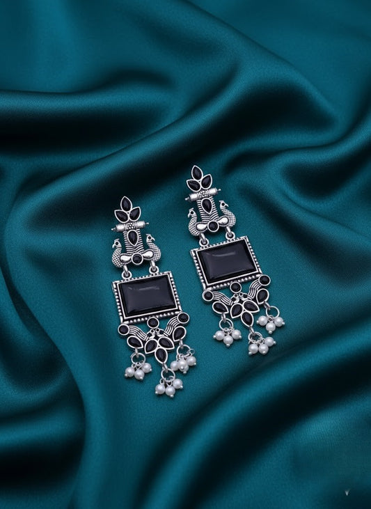 Elegant Oxidized Silver Black Stone & Pearl Dangle Earrings