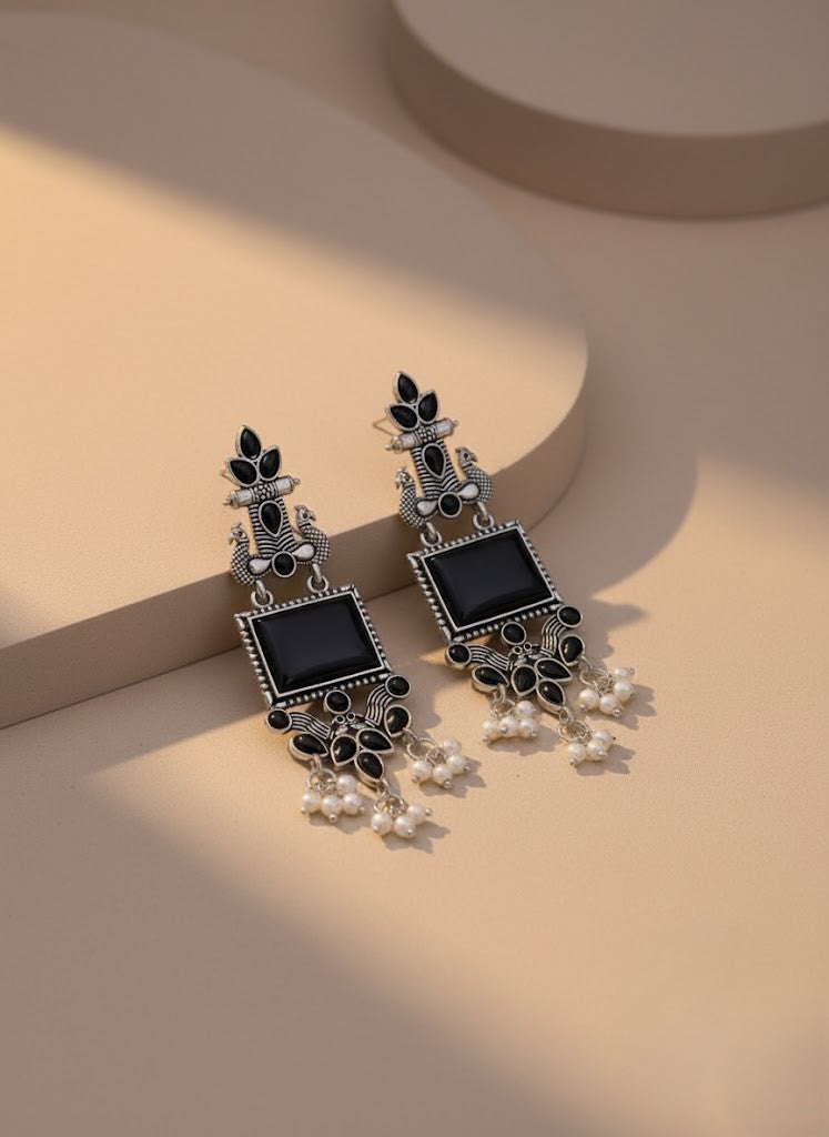 Elegant Oxidized Silver Black Stone & Pearl Dangle Earrings