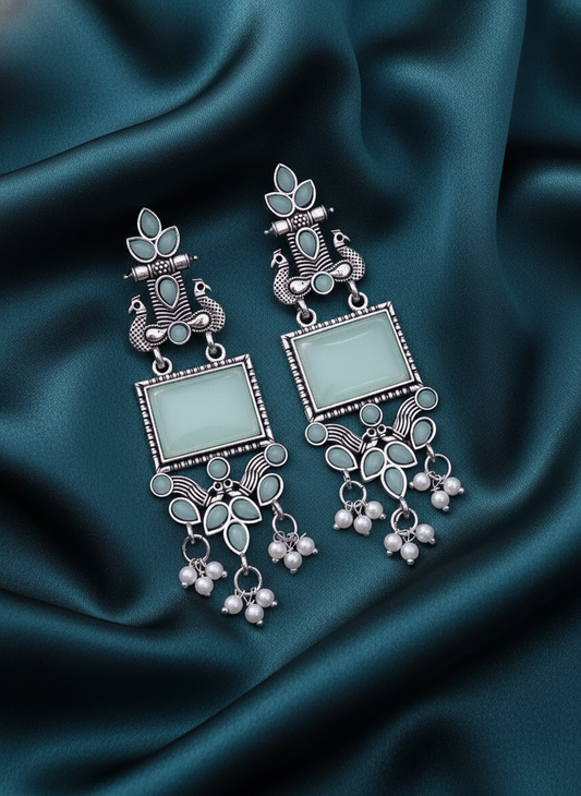Stunning Oxidized Silver Peacock & Mint Green Stone Drop Earrings with Pearls
