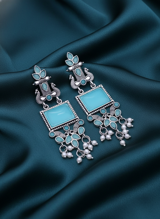 Exquisite Oxidized Silver Turquoise Peacock Dangle Earrings