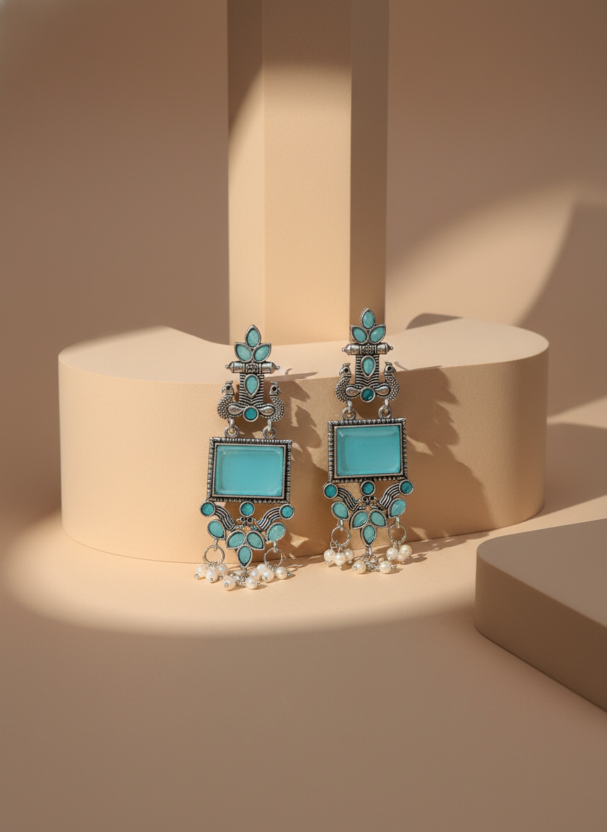 Exquisite Oxidized Silver Turquoise Peacock Dangle Earrings