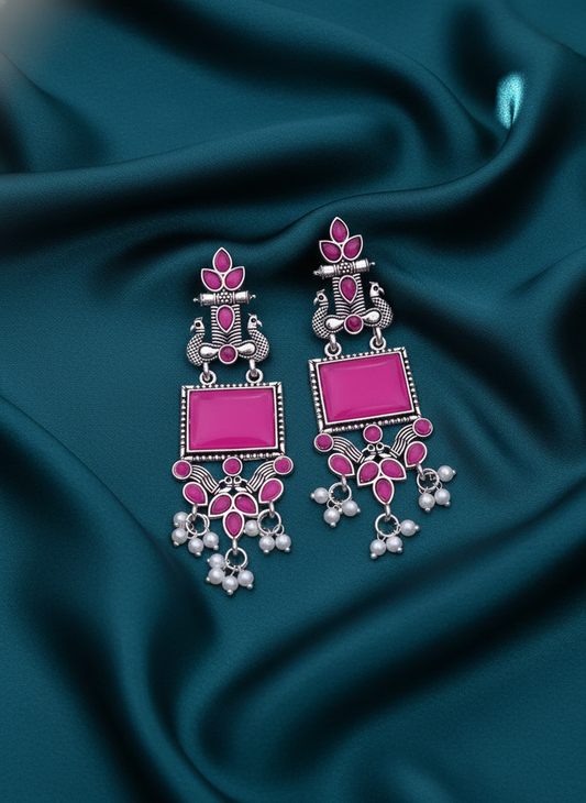 Vibrant Pink Enamel Oxidized Silver Peacock & Pearl Drop Earrings