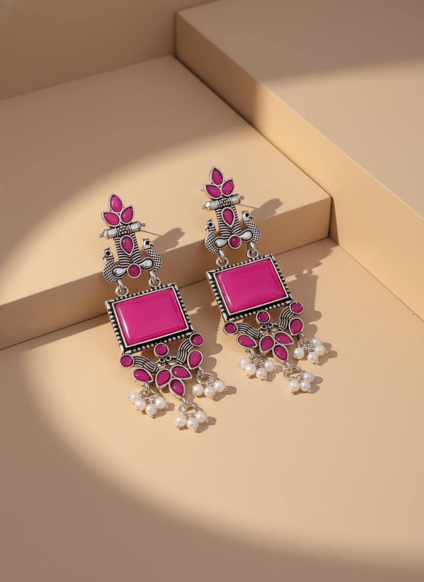 Vibrant Pink Enamel Oxidized Silver Peacock & Pearl Drop Earrings