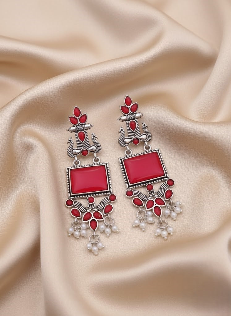 Vibrant Oxidized Peacock Drop Earrings with Magenta and Mint Green Stones