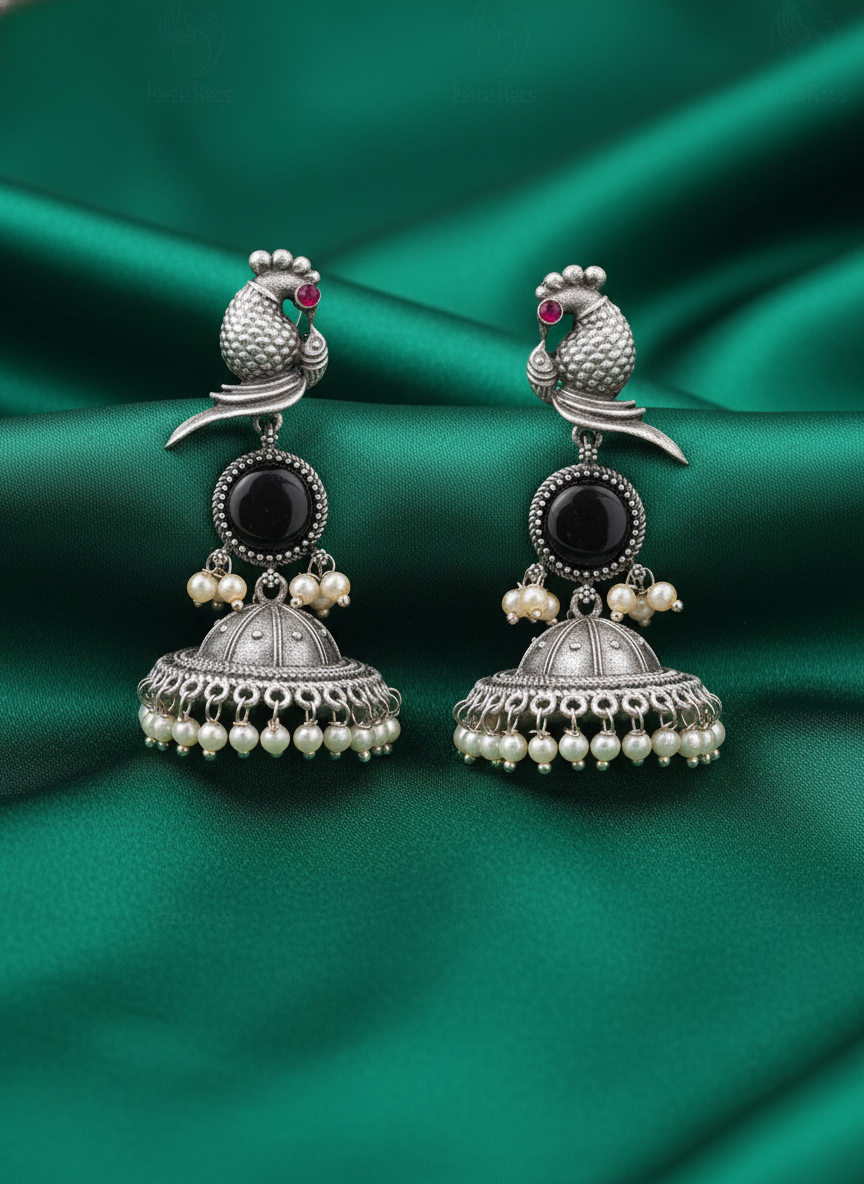 Elegant Oxidized Silver Peacock Jhumka Earrings with Black Stone & Pearls