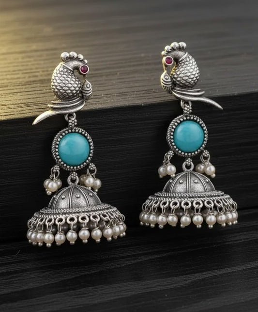 Stunning Oxidized Peacock Jhumka Earrings with Turquoise and Pearl Accents