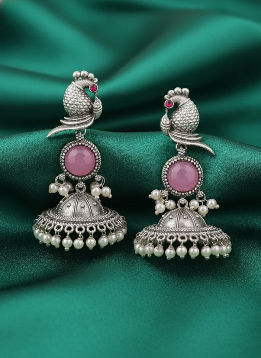 Oxidized Silver Peacock Jhumka Earrings with Pink Stone and Pearls