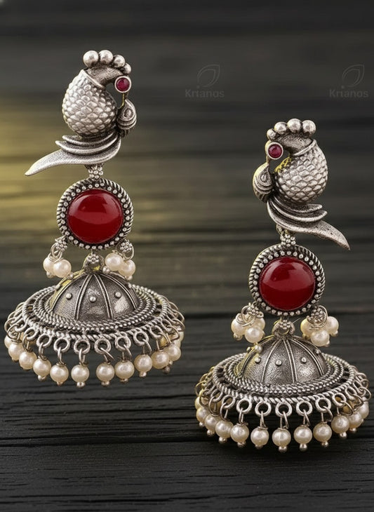Exquisite Oxidized Silver Peacock Jhumka Earrings with Red Stone and Pearl Drops
