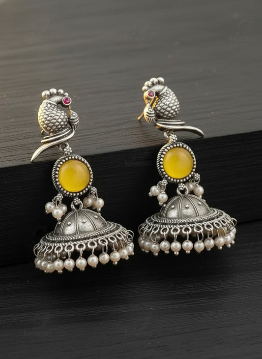 Exquisite Oxidized Silver Peacock Jhumka Earrings with Yellow Stone & Pearls