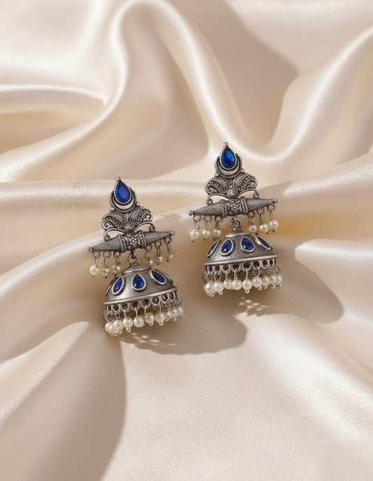 Exquisite Oxidized Silver Jhumka Earrings with Blue Gemstones and Pearls