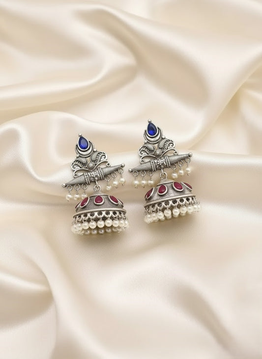Exquisite Oxidized Silver Jhumka Earrings with Blue and Red Gemstones