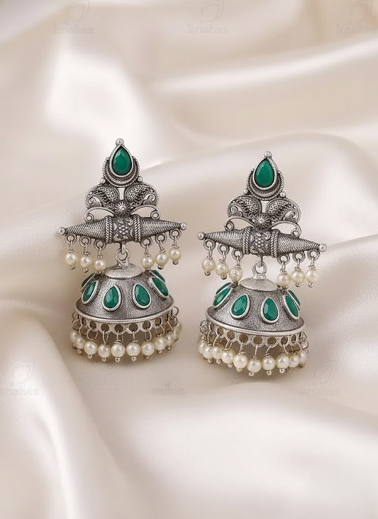 Exquisite Oxidized Silver Jhumka Earrings with Green Stones & Pearl Drops