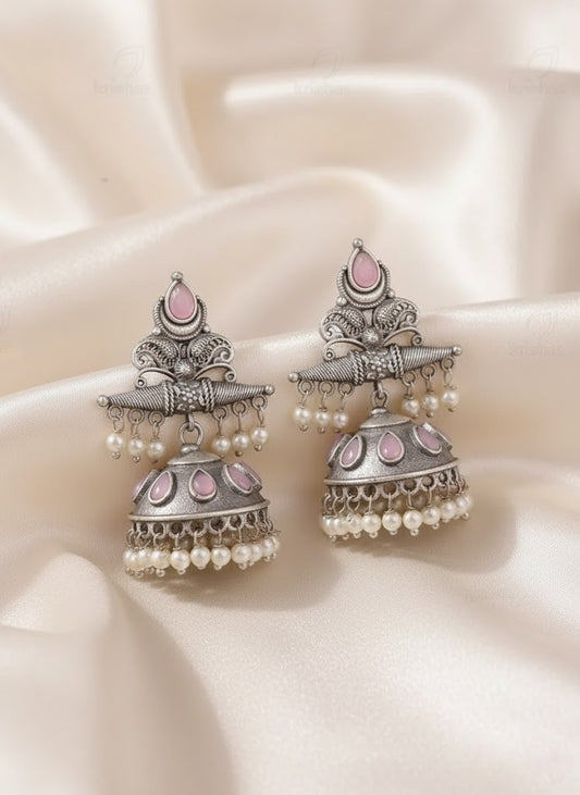 Exquisite Oxidized Silver Jhumka Earrings with Pink Gemstones and Pearl Dangles