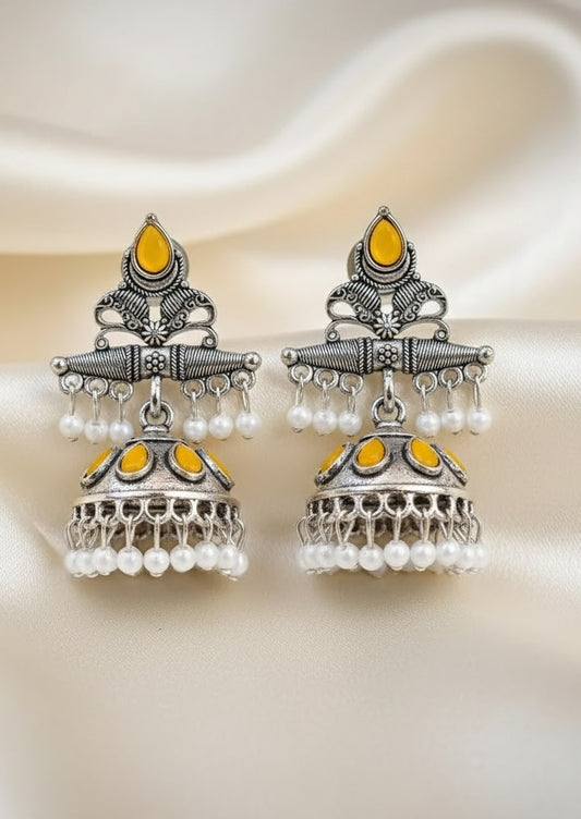 Stunning Oxidized Silver Jhumka Earrings with Yellow Enamel Detailing and Pearl Drops