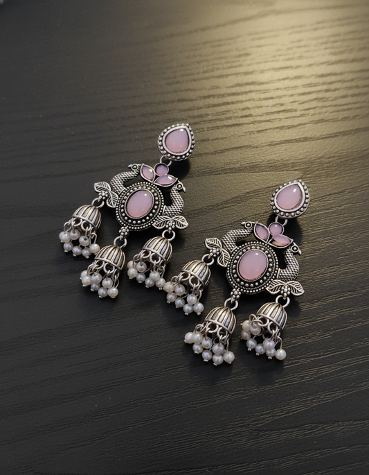 Stunning Oxidized Silver Peacock Jhumka Earrings with Pink Gemstones & Pearls
