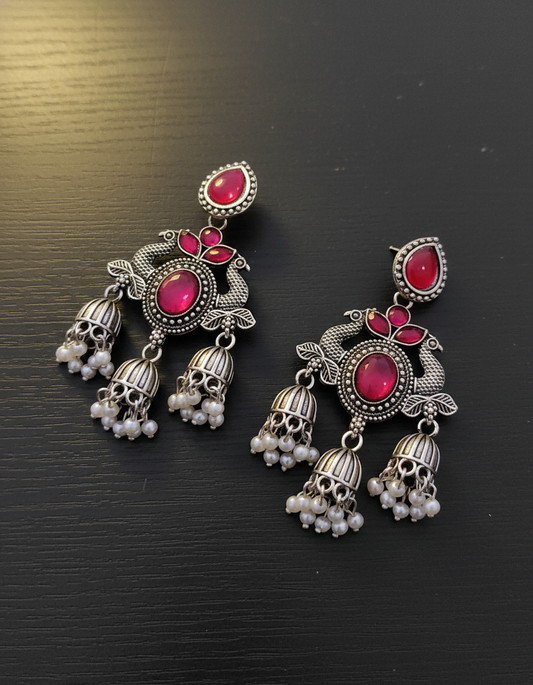 Stunning Oxidized Silver Peacock Jhumka Earrings with Ruby Red Stones and Pearls