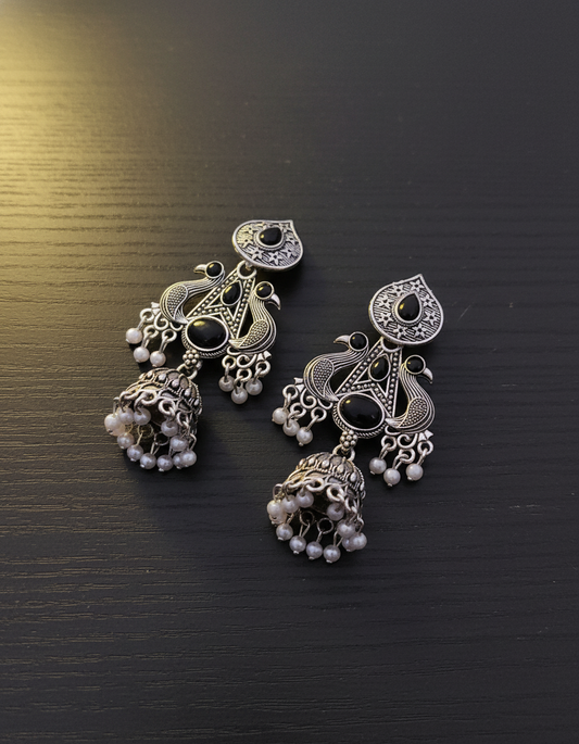 Exquisite Oxidized Silver Peacock Jhumka Earrings with Black Stones
