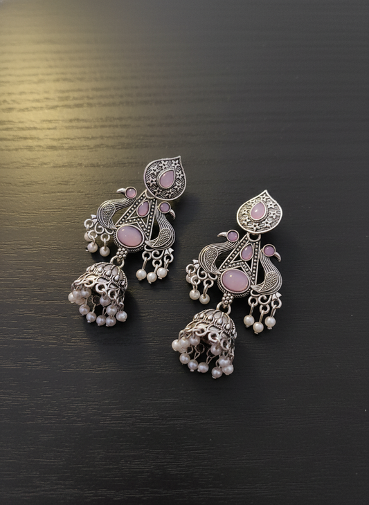 Exquisite Oxidized Silver Peacock Jhumka Earrings with Lavender Stones