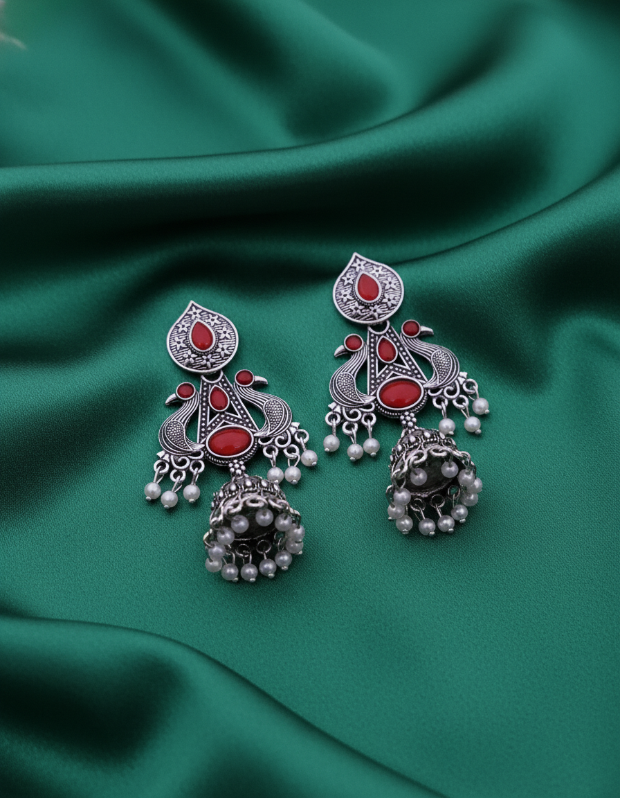 Exquisite Oxidized Silver Peacock Jhumka Earrings with Red Stones