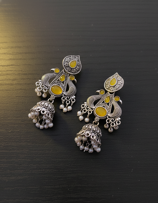 Exquisite Oxidized Silver Peacock Jhumka Earrings with Yellow Stones