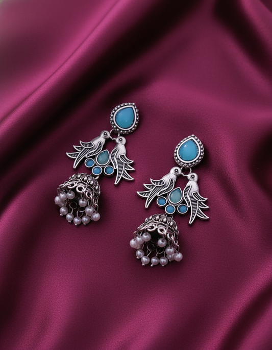 Stunning Oxidized Silver Bird Jhumka Earrings with Turquoise and Pearl Accents