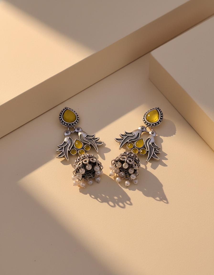 Elegant Oxidized Silver Bird & Jhumka Earrings with Black Stones