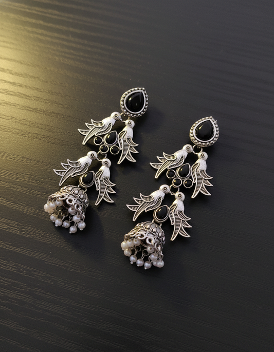 Exquisite Oxidized Silver Bird Jhumka Earrings with Black Stones and Pearls