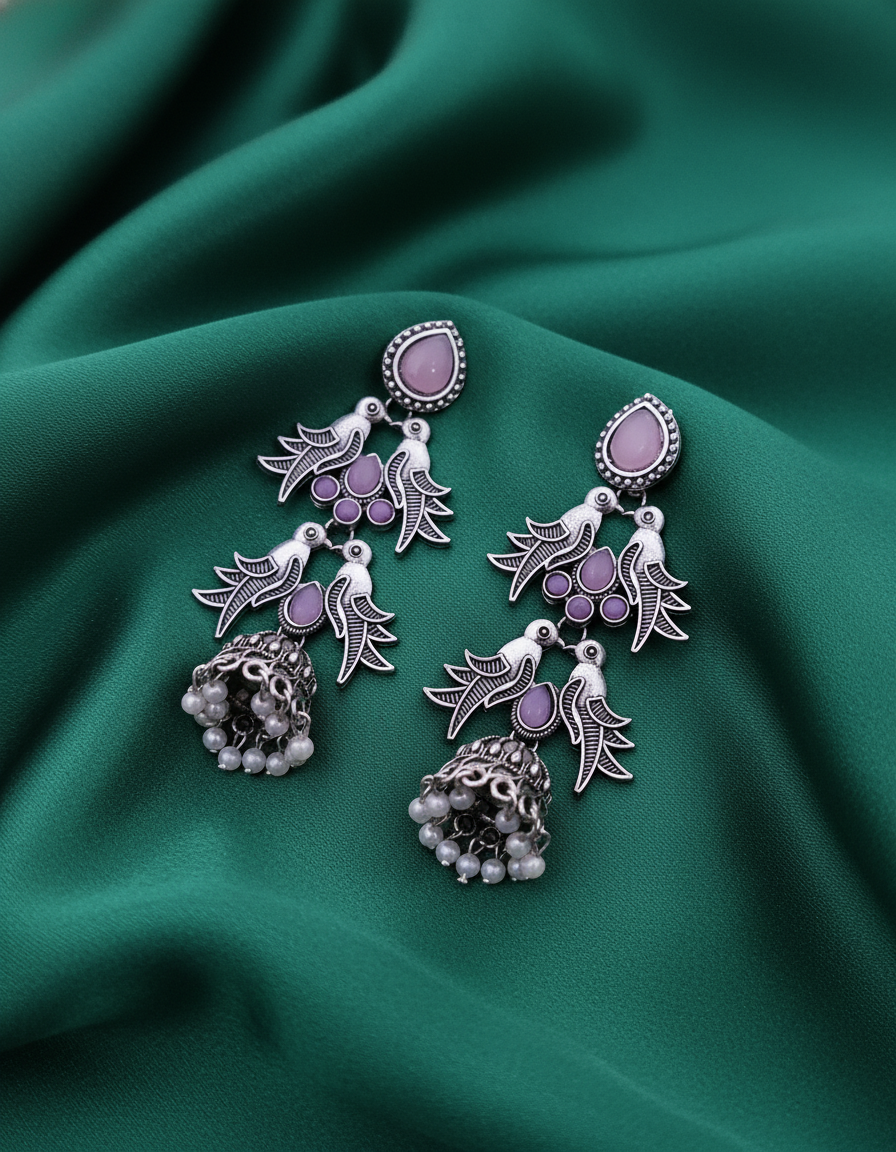 Elegant Oxidized Silver Bird & Pink Stone Jhumka Earrings