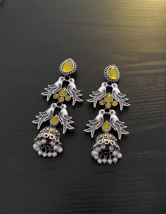 Exquisite Oxidized Silver Jhumka Earrings with Yellow Stone & Bird Motif