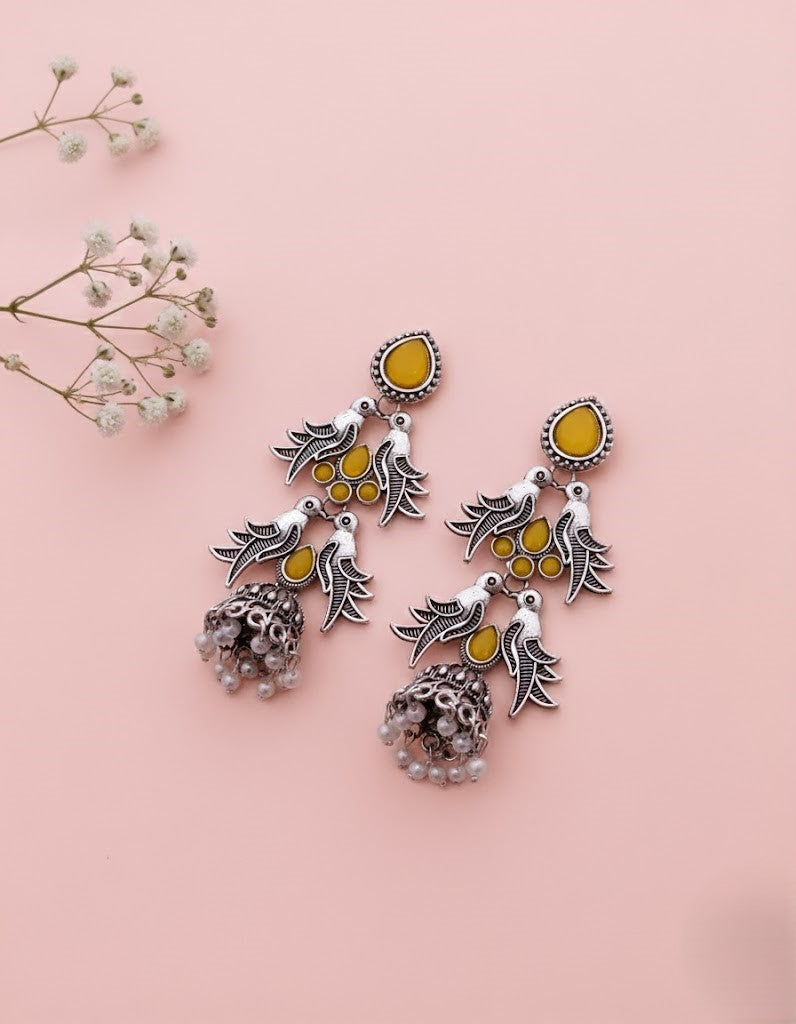 Stunning Oxidized Silver Bird Motif Jhumka Earrings with Turquoise & Black Stones