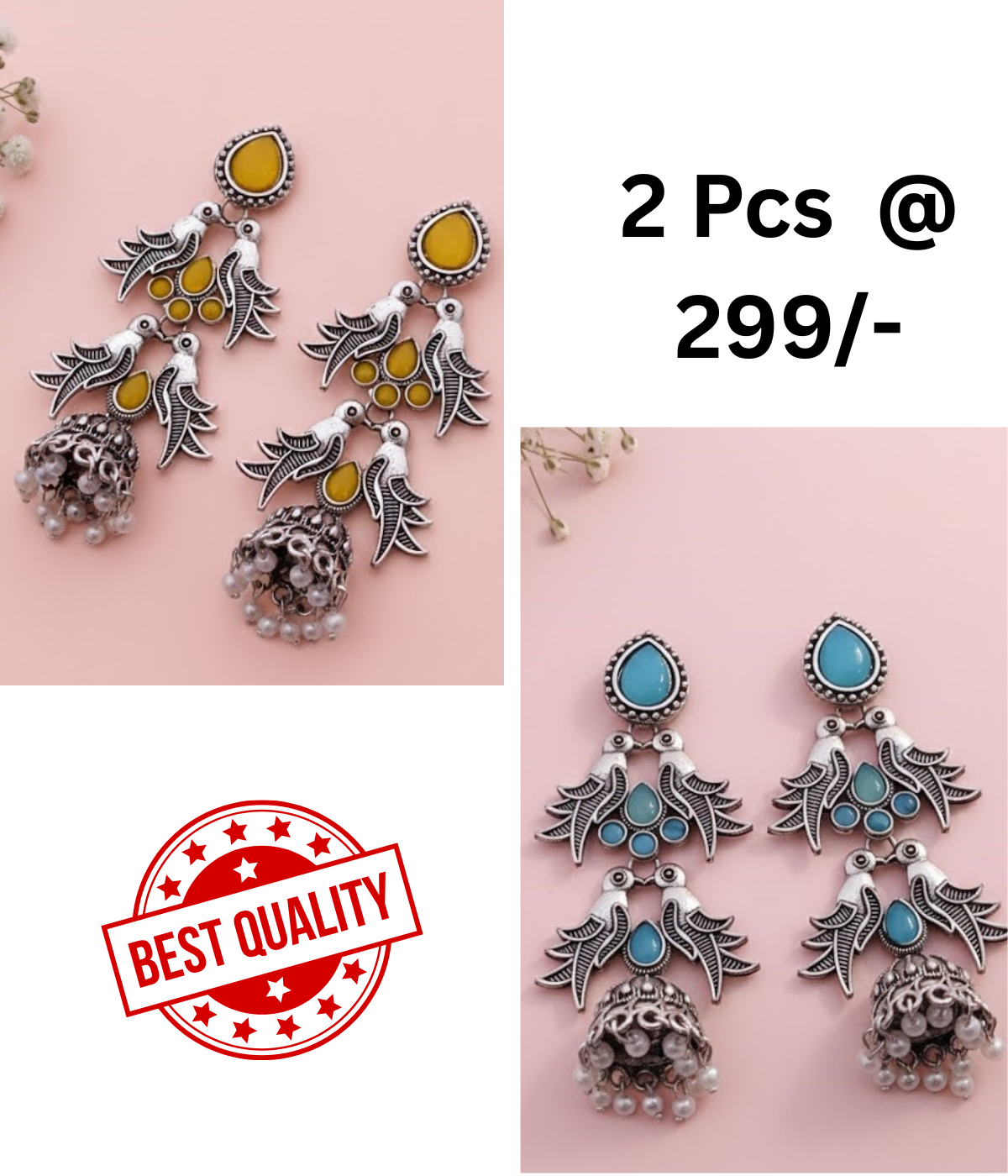 Elegant Oxidised Silver Peacock Jhumka Earrings with Black Stones and Pearls