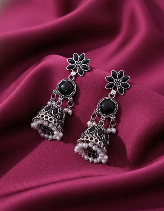 Stunning Oxidized Silver Jhumka Earrings with Black Embellishments and Pearl Drops