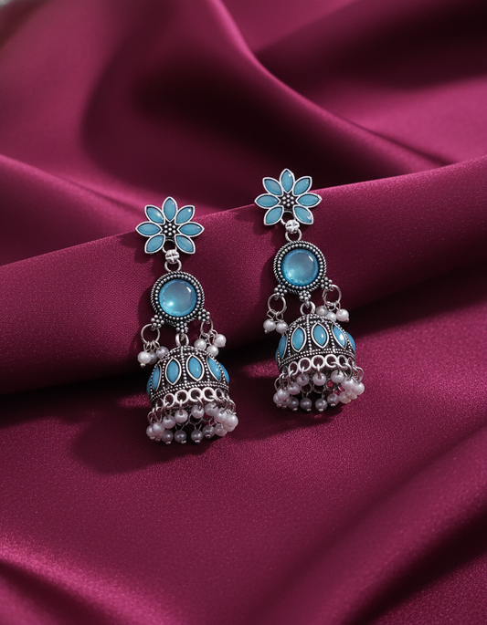Exquisite Turquoise Blue & Pearl Jhumka Earrings