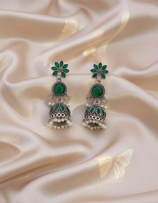 Exquisite Oxidized Silver Jhumka Earrings with Green and Black Stones